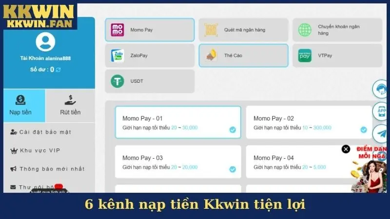 6 kênh nạp tiền Kkwin tiện lợi